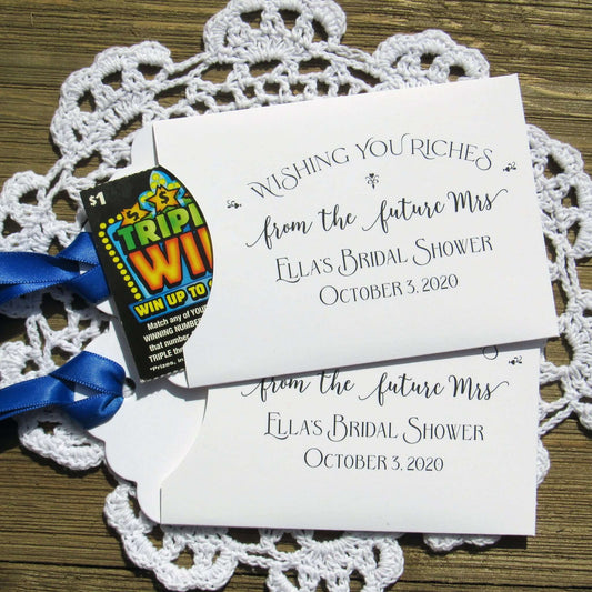 Lottery ticket bridal shower favors, these fun bridal shower favors are personalized for the bride to be, slide a lottery ticket in the envelope and see who wins.