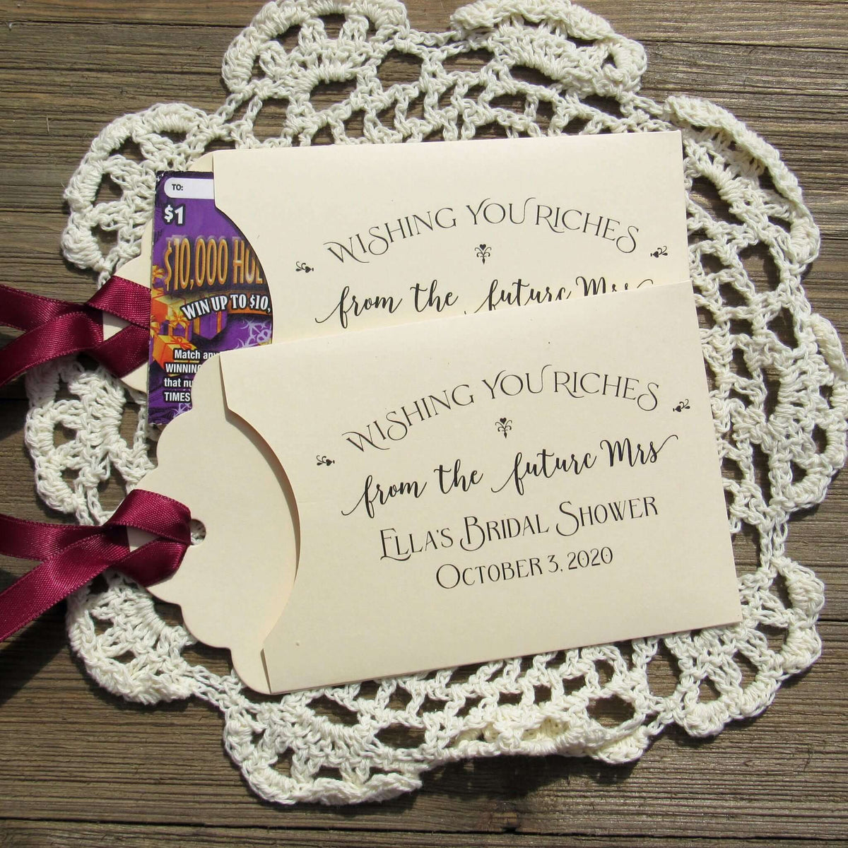 Lottery ticket bridal shower favors, these fun bridal shower favors are personalized for the bride to be, slide a lottery ticket in the envelope and see who wins.