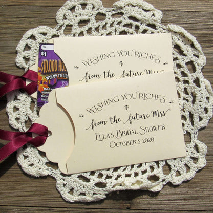 Lottery ticket bridal shower favors, these fun bridal shower favors are personalized for the bride to be, slide a lottery ticket in the envelope and see who wins.