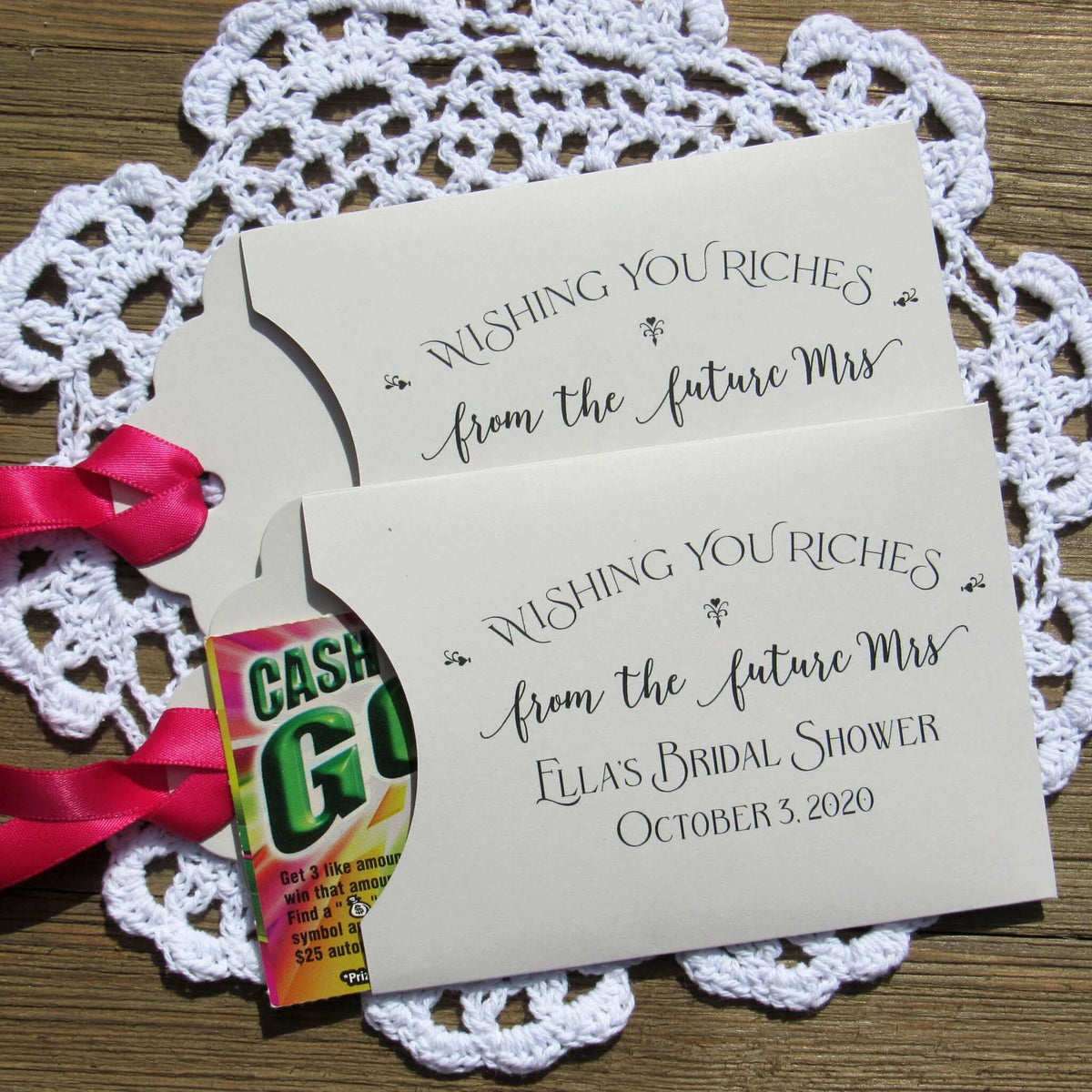 Lottery ticket bridal shower favors, these fun bridal shower favors are personalized for the bride to be, slide a lottery ticket in the envelope and see who wins.