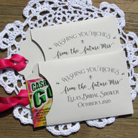 Wishing you riches from the future Mrs. bridal shower favors.  These fun bridal shower favors are personalized for the bride to be, slide a lottery ticket in the envelope and see who wins.