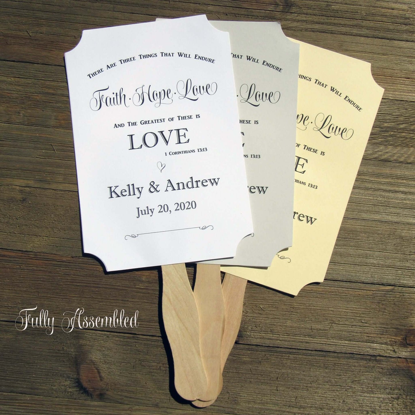 Religious Wedding Fans personalized, faith hope and love the greatest of these is LOVE.  Personalized for the bride and groom.