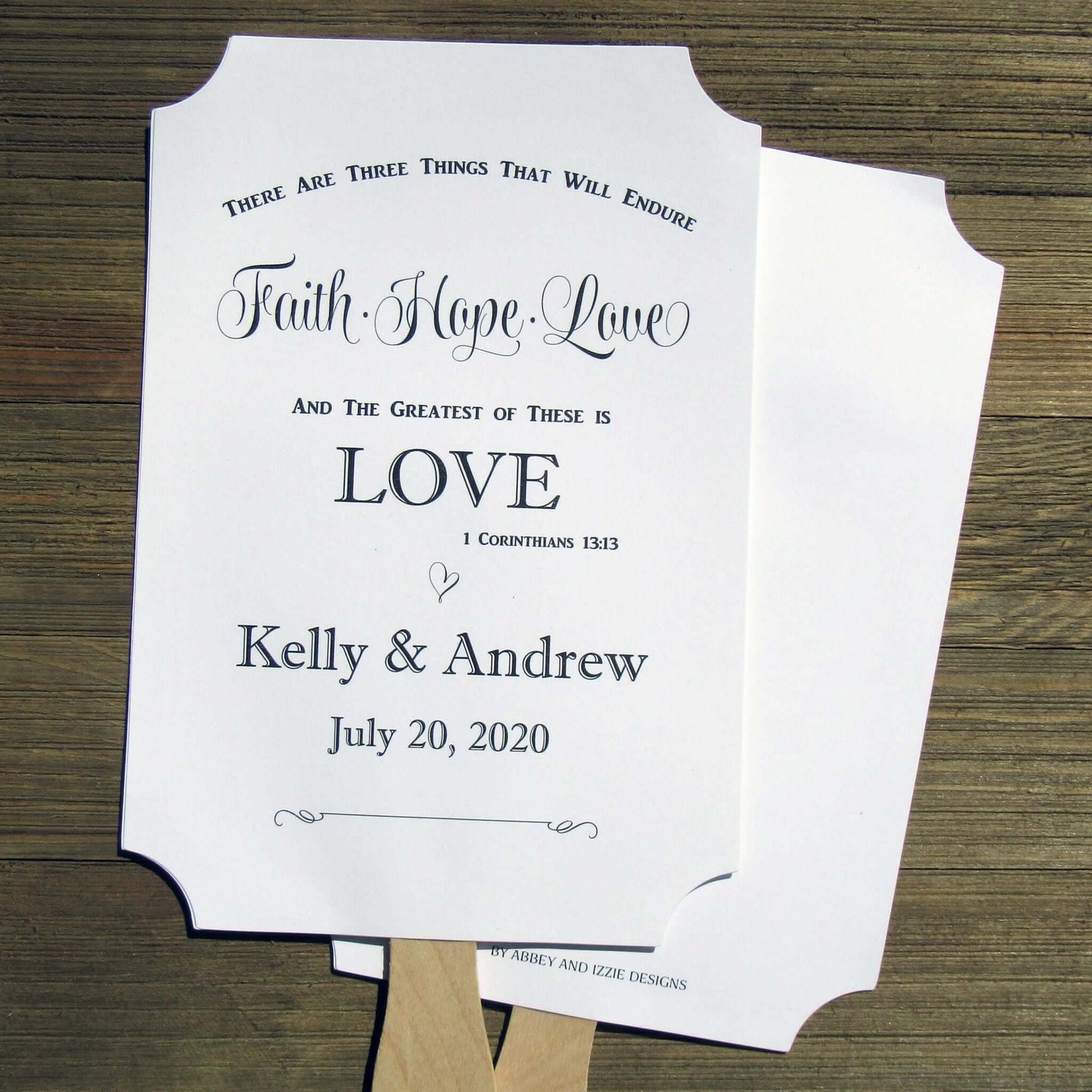 Religious Wedding Fans personalized, faith hope and love the greatest of these is LOVE.  Personalized for the bride and groom.