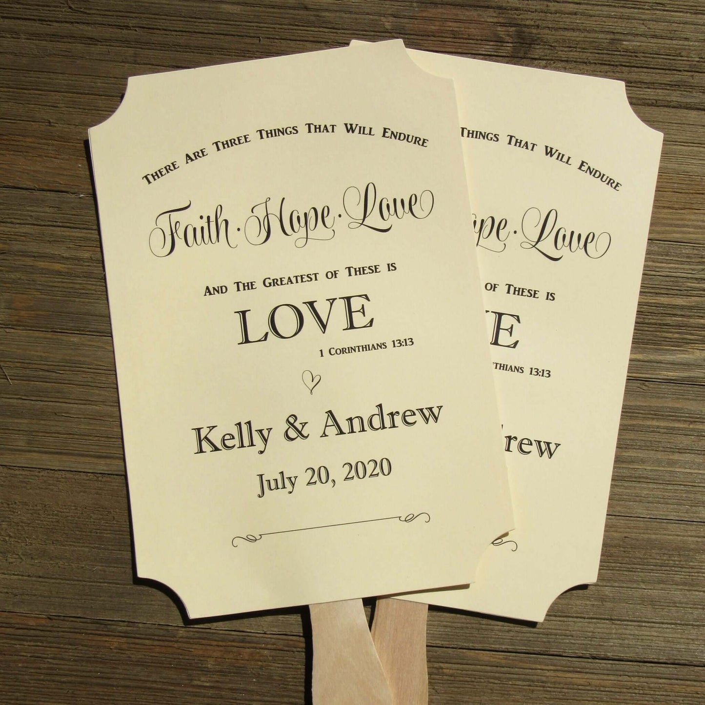 Religious Wedding Fans personalized, faith hope and love the greatest of these is LOVE.  Personalized for the bride and groom.