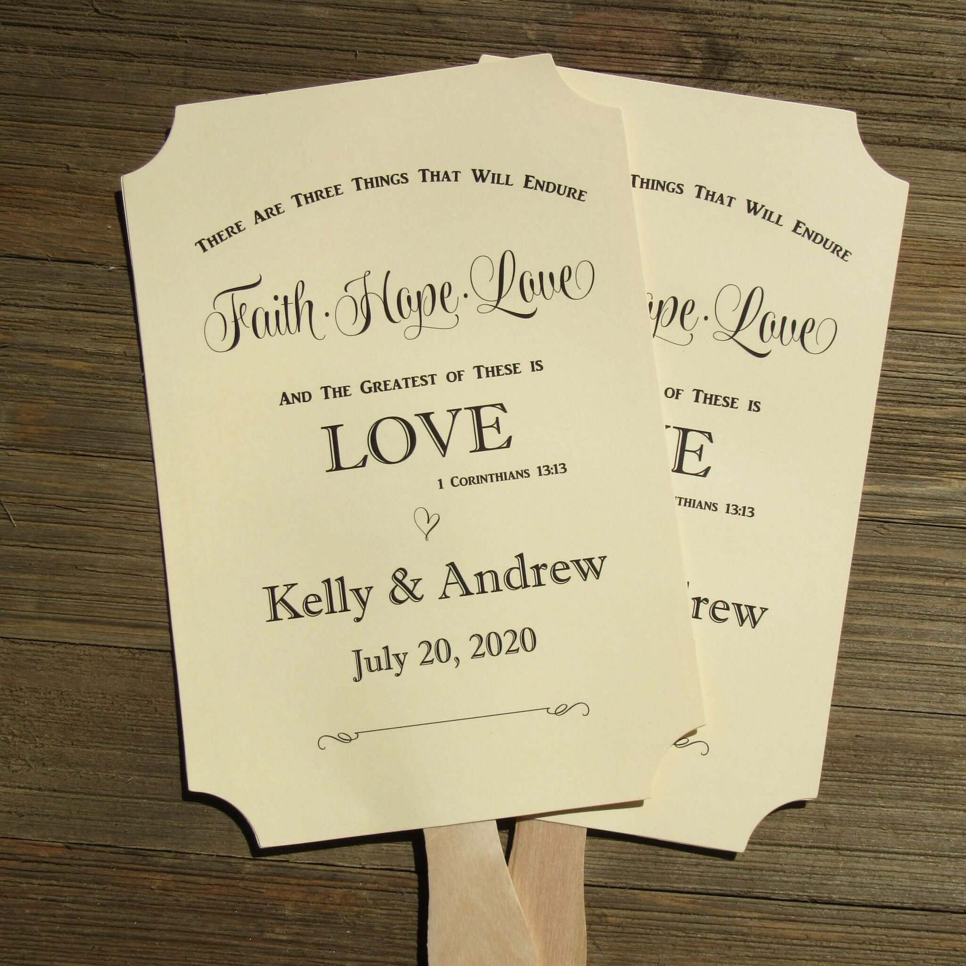 Religious Wedding Fans personalized, faith hope and love the greatest of these is LOVE.  Personalized for the bride and groom.