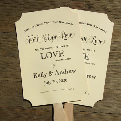 Religious Wedding Fans personalized, faith hope and love the greatest of these is LOVE.  Personalized for the bride and groom.