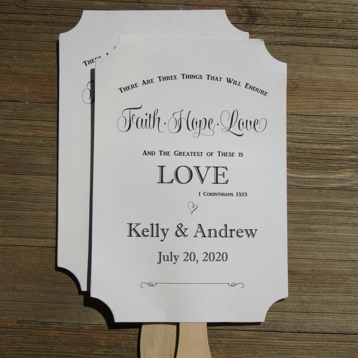 Religious Wedding Fans personalized, faith hope and love the greatest of these is LOVE.  Personalized for the bride and groom.