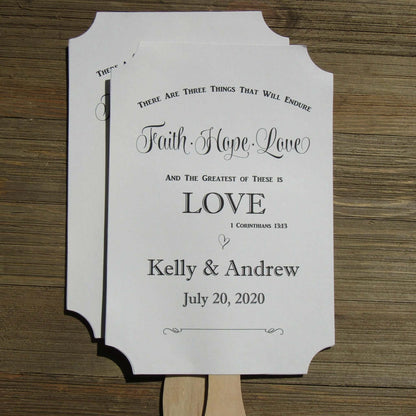 Religious Wedding Fans personalized, faith hope and love the greatest of these is LOVE.  Personalized for the bride and groom.