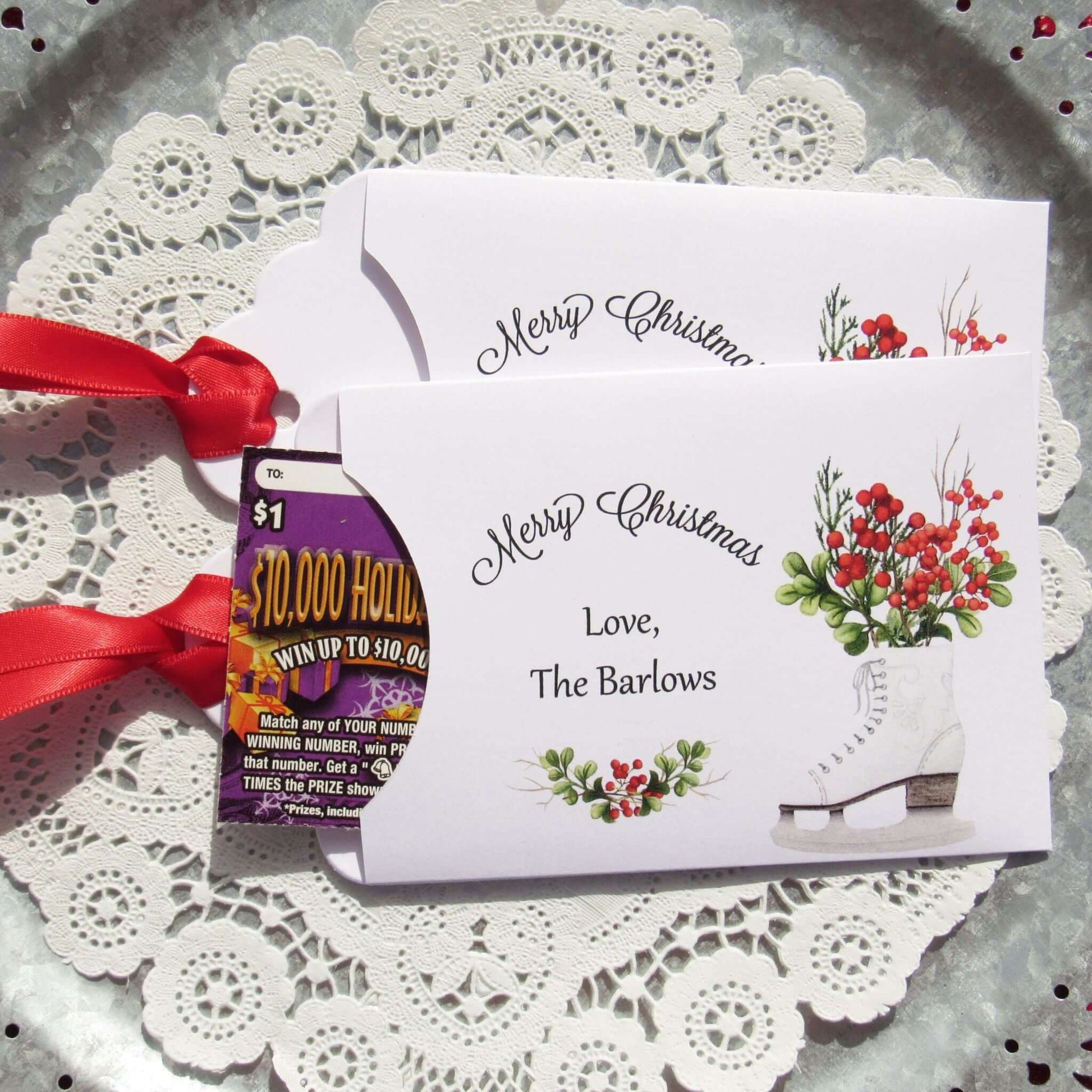 Personalized Holiday Party Favors or Affordable Small Christmas Gift.  Wish family and friends a Merry Christmas with these cute envelopes, slide a lottery ticket in or a gift card great little gift for coworkers, neighbors, friends.  