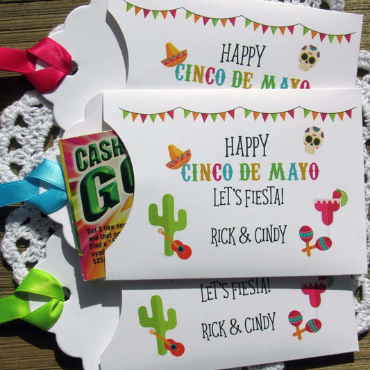Cinco De Mayo Party Favors featuring vibrant designs, lottery tickets, and colorful ribbons for festive celebrations.