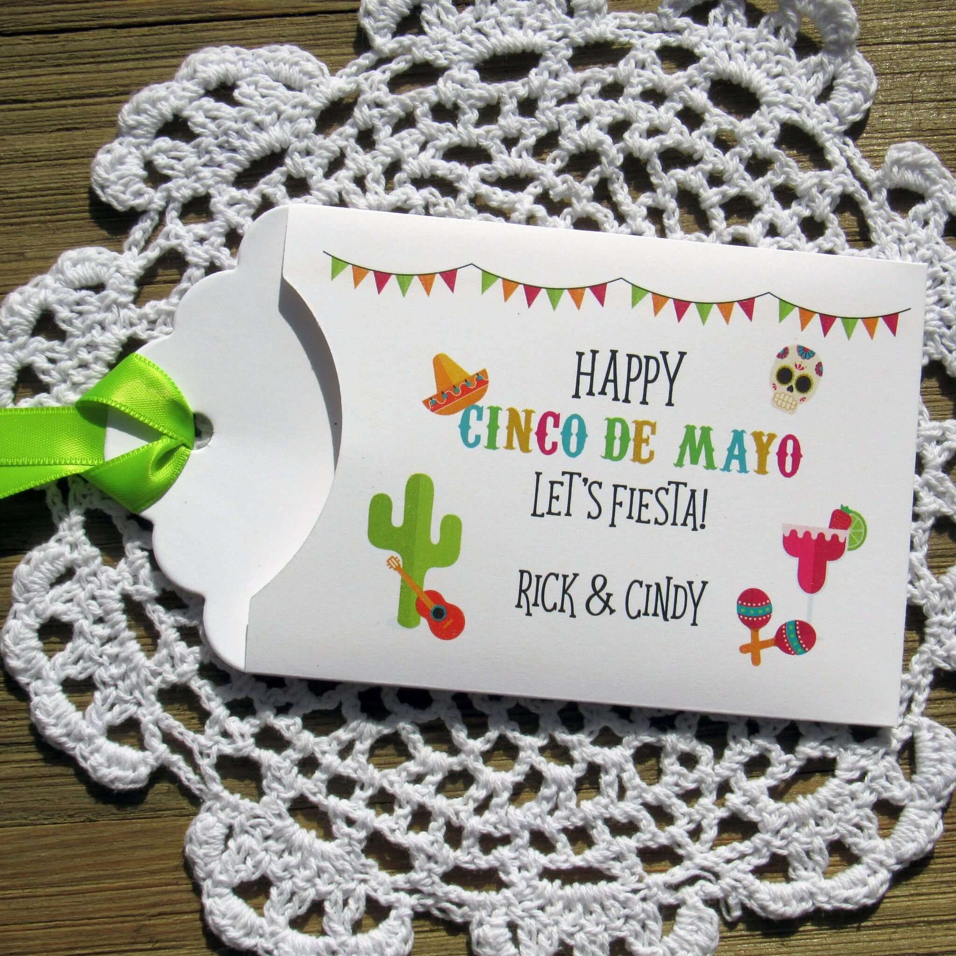 Cinco De Mayo Party Favors featuring vibrant designs, lottery tickets, and colorful ribbons for festive celebrations.