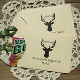 Deer hunting party favors adorned with a deer head and personalized for the guest of honor.  These favors are fun, slide a scratch off lotto ticket in the envelope and see which guest wins.  Your choice of envelope and ribbon color to match your party theme.