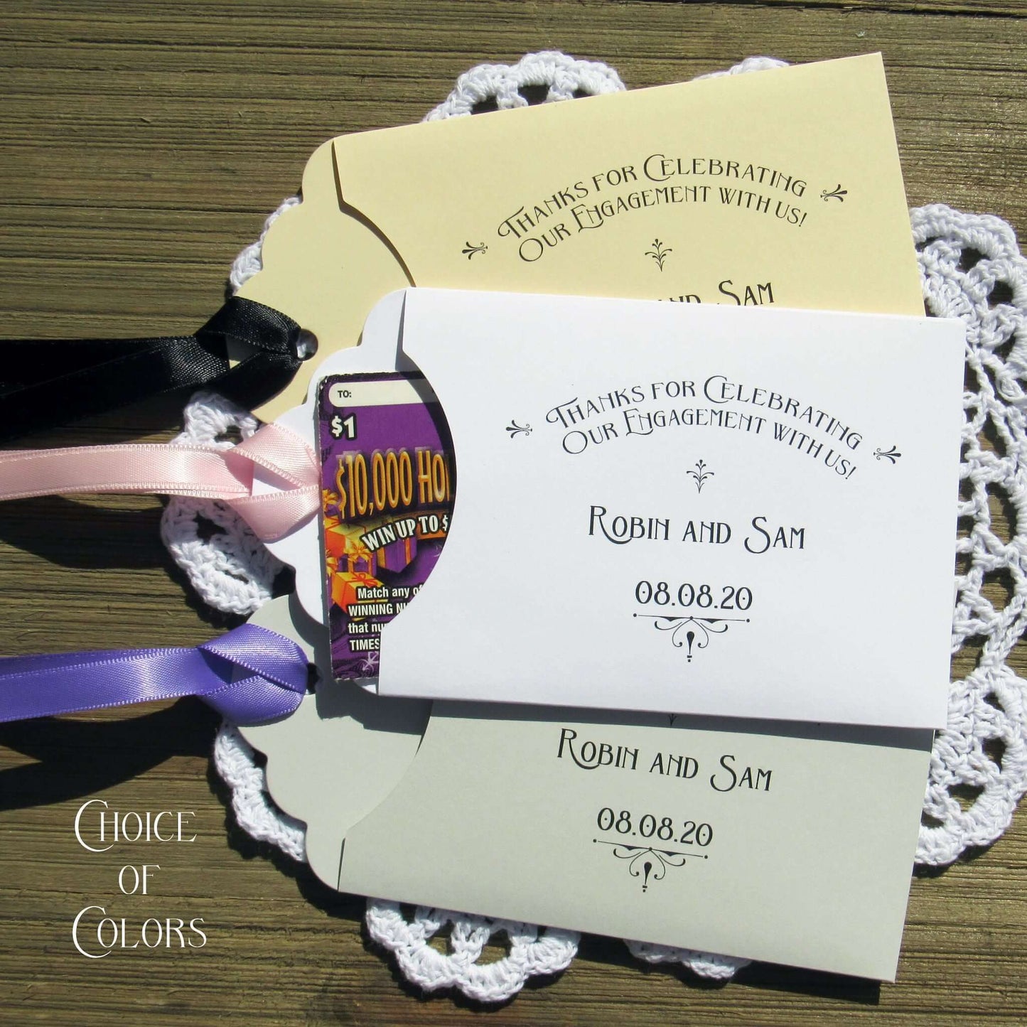 Personalized Engagement Party Favors slide a lottery ticket in the envelope and see who wins big at your engagement party.  Your choice of envelope and ribbon color.  Ribbon included and comes attached.