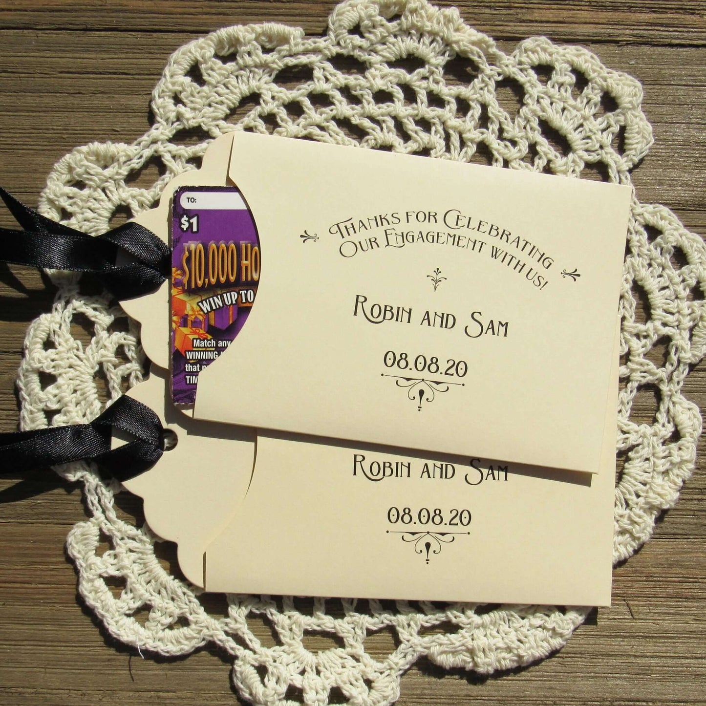 Personalized Engagement Party Favors slide a lottery ticket in the envelope and see who wins big at your engagement party.  Your choice of envelope and ribbon color.  Ribbon included and comes attached.