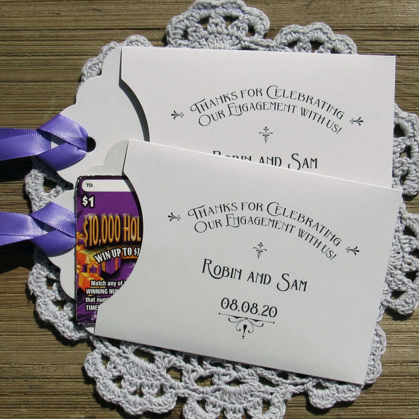 Personalized Engagement Party Favors slide a lottery ticket in the envelope and see who wins big at your engagement party.  Your choice of envelope and ribbon color.  Ribbon included and comes attached.