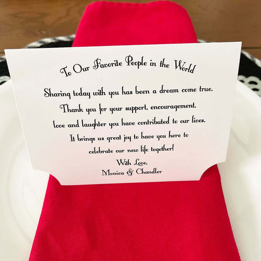 Wedding Thank You Place Setting Cards with heartfelt message for guests at a wedding dinner table.