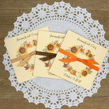 Fall Wedding Guest Favors Personalized for the happy couple.  Printed on ivory card stock with a beautiful fall wreath your choice of ribbon color.  Slide a lotto ticket or custom coaster in these for a faun wedding favor.