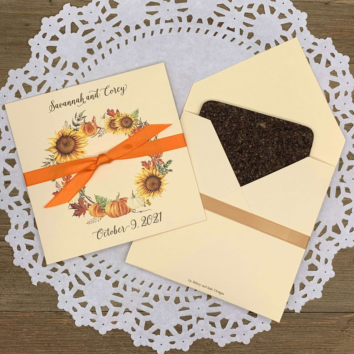 Fall Wedding Guest Favors Personalized for the happy couple.  Printed on ivory card stock with a beautiful fall wreath your choice of ribbon color.  Slide a lotto ticket or custom coaster in these for a faun wedding favor.