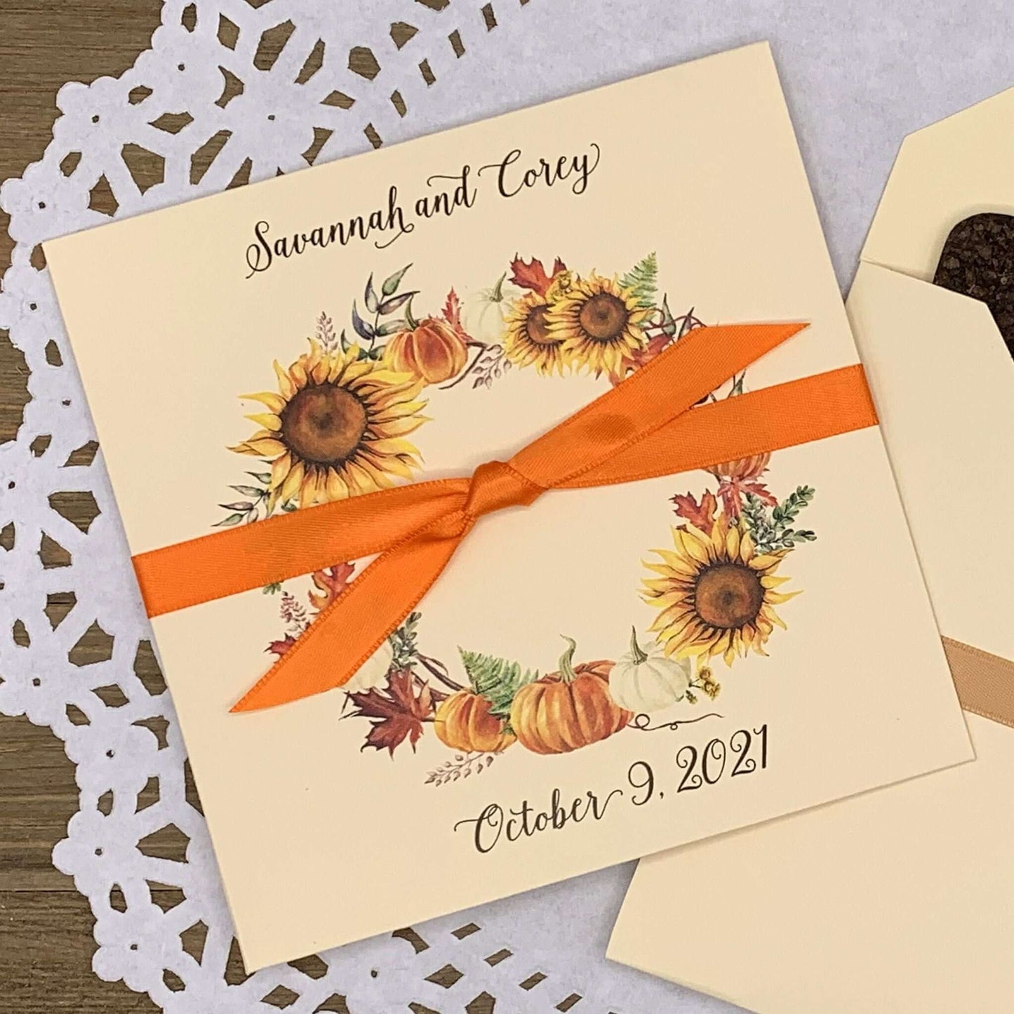  Fall Wedding Guest Favors Personalized for the happy couple.  Printed on ivory card stock with a beautiful fall wreath your choice of ribbon color.  Slide a lotto ticket or custom coaster in these for a faun wedding favor.