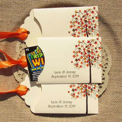 Fall Tree Wedding Guest Favors Personalized for your special day.  Lottery ticket envelopes for wedding favors, slide a lotto ticket in the open end to see who wins.  Envelopes are printed on ivory card stock with ribbon attached.  Adorned with a fall tree for some autumn color.