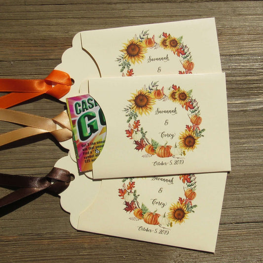  Autumn Wedding Guest Favors that come personalized, lottery ticket holders, slide a lotto ticket in the holder for a fun wedding favor.