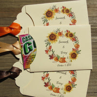 Unique fall wedding favors that come personalized, lottery ticket holders, slide a lotto ticket in the holder for a fun wedding favor.