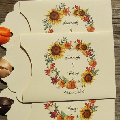 Unique fall wedding favors that come personalized, lottery ticket holders, slide a lotto ticket in the holder for a fun wedding favor.