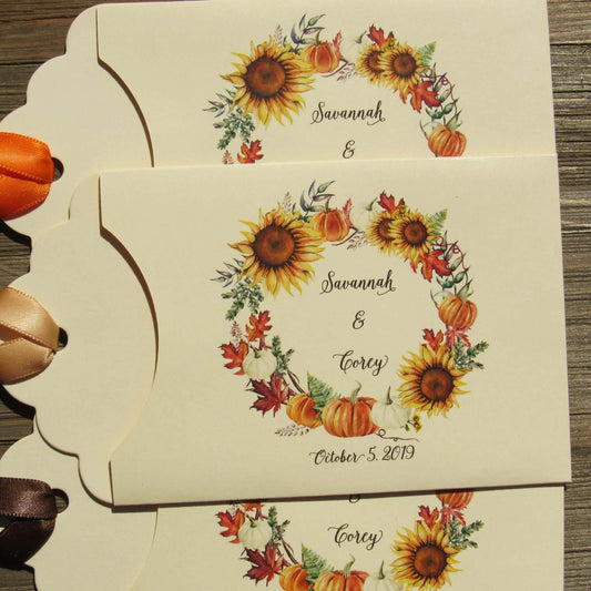 Unique fall wedding favors that come personalized, lottery ticket holders, slide a lotto ticket in the holder for a fun wedding favor.