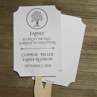 Fans for family reunion, personalized for the special event.  Family saying printed along with the family name and date of reunion.  Wonderful keepsake for everyone to take home from the event.