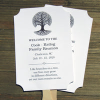 Personalized family reunion fans with family name, place, date and a sweet poem.  Reunion fans ship fully assembled , two sided with handle hidden between.  Choice of colors.