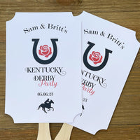 Fun Kentucky Derby party favor fans, guests will love the cool breeze they provide while having a keepsake to take home from the party.  Party fans are printed on white card stock and come fully assembled, personalized for a nice touch for your event.