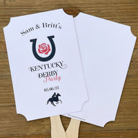 Fun Kentucky Derby party favor fans, guests will love the cool breeze they provide while having a keepsake to take home from the party.  Party fans are printed on white card stock and come fully assembled, personalized for a nice touch for your event.