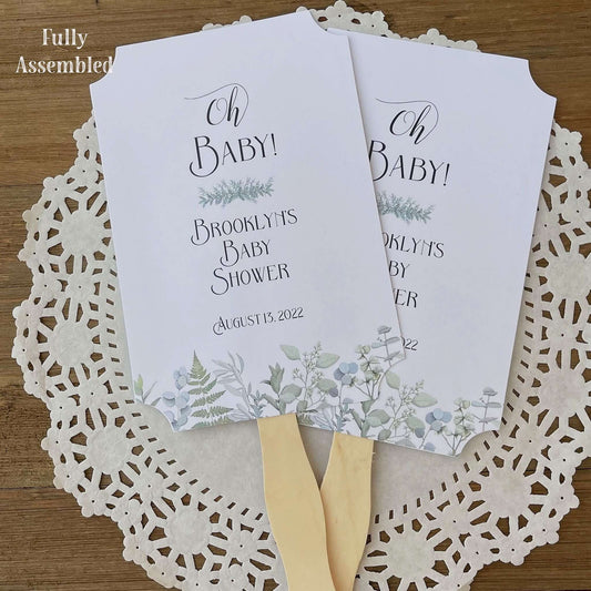 Personalized Baby Shower Favor Fans for the Mom to be.  Printed with 'Oh Baby' with greenery.