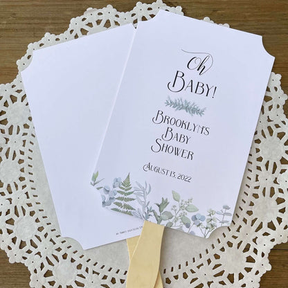 Personalized Baby Shower Favor Fans for the Mom to be.  Printed with 'Oh Baby' with greenery.