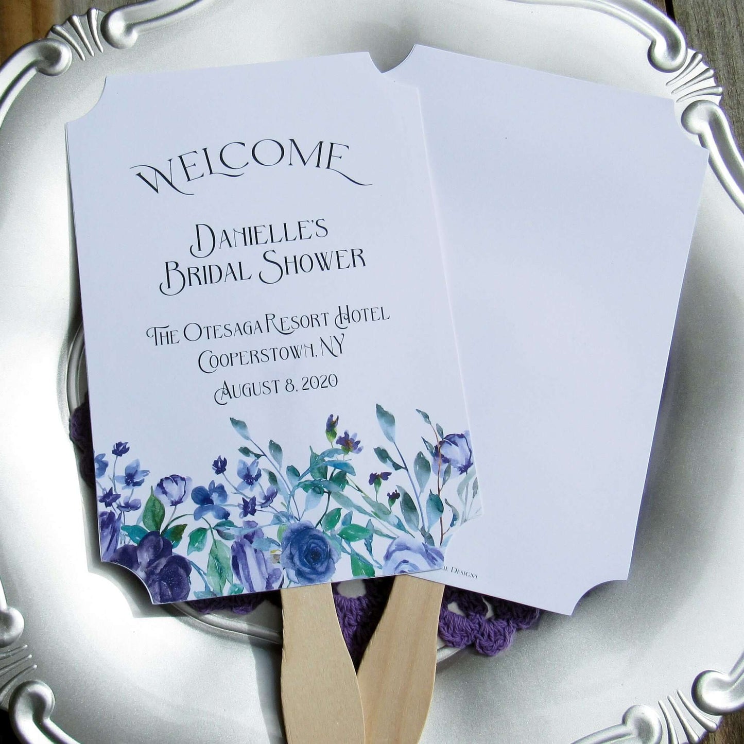 Lavender Bridal Shower Fans, personalized for the bride to be.  Printed on white card stock with wooden handle hidden between, adorned with lavender flowers.