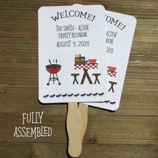 Family Reunion Favor Fans Barbeque, Personalized reunion fans are printed on white card stock and ship to you fully assembled, 2 sided so handle is hidden between.  