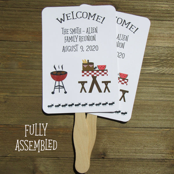 Family Reunion fans with a barbecue theme.  Personalized reunion fans are printed on white card stock and ship to you fully assembled, 2 sided so handle is hidden between.  