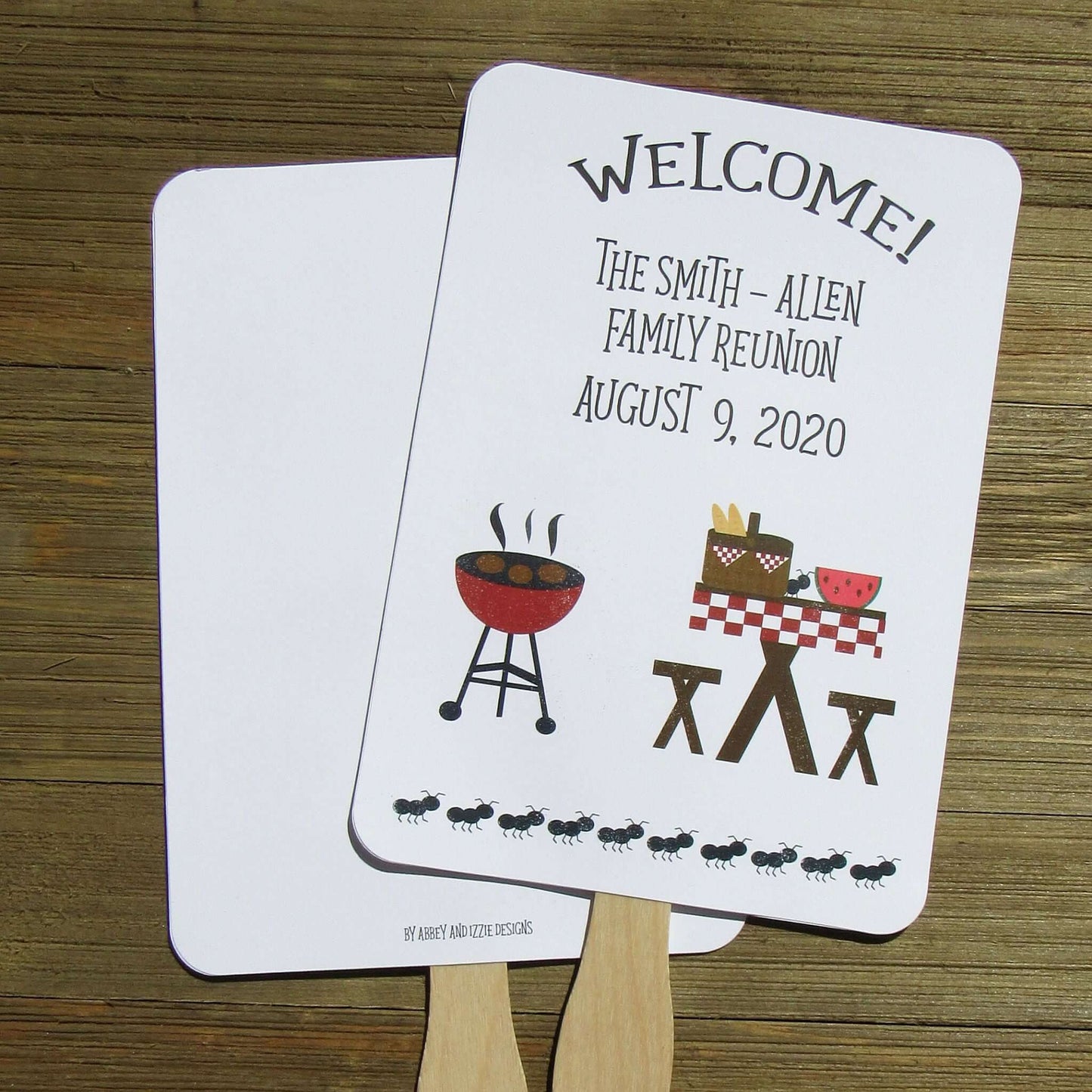Family Reunion Favor Fans Barbeque, Personalized reunion fans are printed on white card stock and ship to you fully assembled, 2 sided so handle is hidden between.  