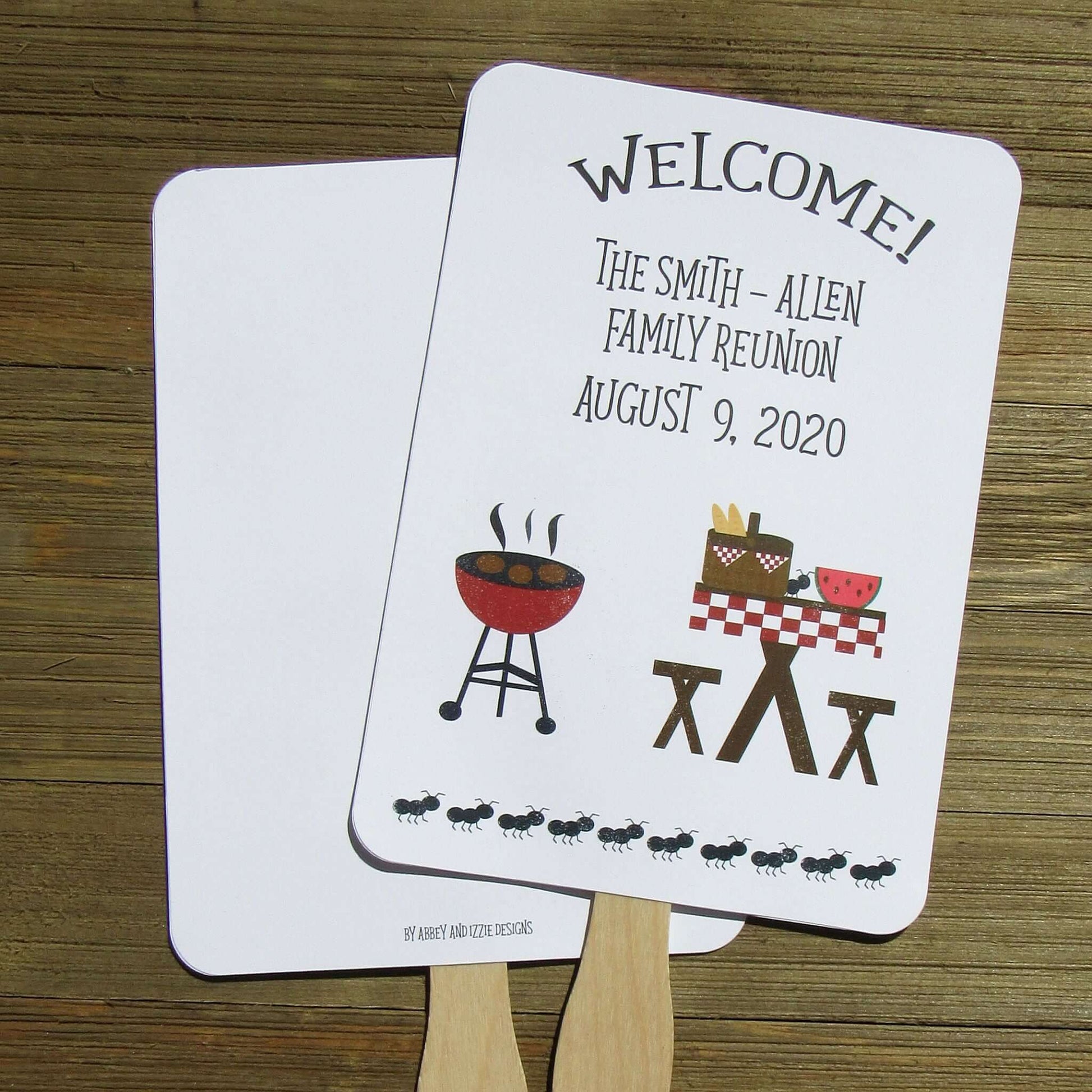 Family Reunion Favor Fans Barbeque, Personalized reunion fans are printed on white card stock and ship to you fully assembled, 2 sided so handle is hidden between.  