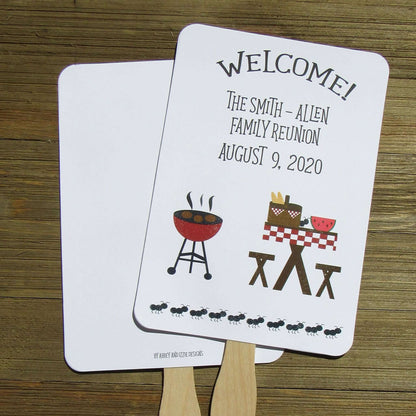 Family Reunion Favor Fans Barbeque, Personalized reunion fans are printed on white card stock and ship to you fully assembled, 2 sided so handle is hidden between.  