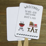 Family Reunion fans with a barbecue theme.  Personalized reunion fans are printed on white card stock and ship to you fully assembled, 2 sided so handle is hidden between. 