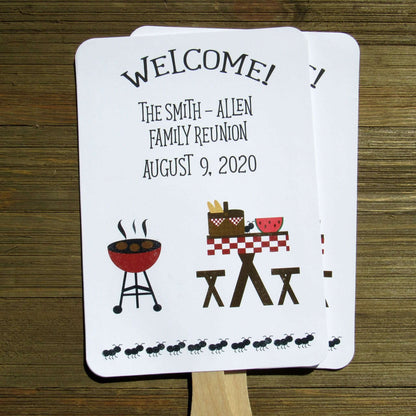 Family Reunion Favor Fans Barbeque, Personalized reunion fans are printed on white card stock and ship to you fully assembled, 2 sided so handle is hidden between.  