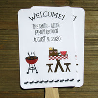 Family Reunion fans with a barbecue theme.  Personalized reunion fans are printed on white card stock and ship to you fully assembled, 2 sided so handle is hidden between. 