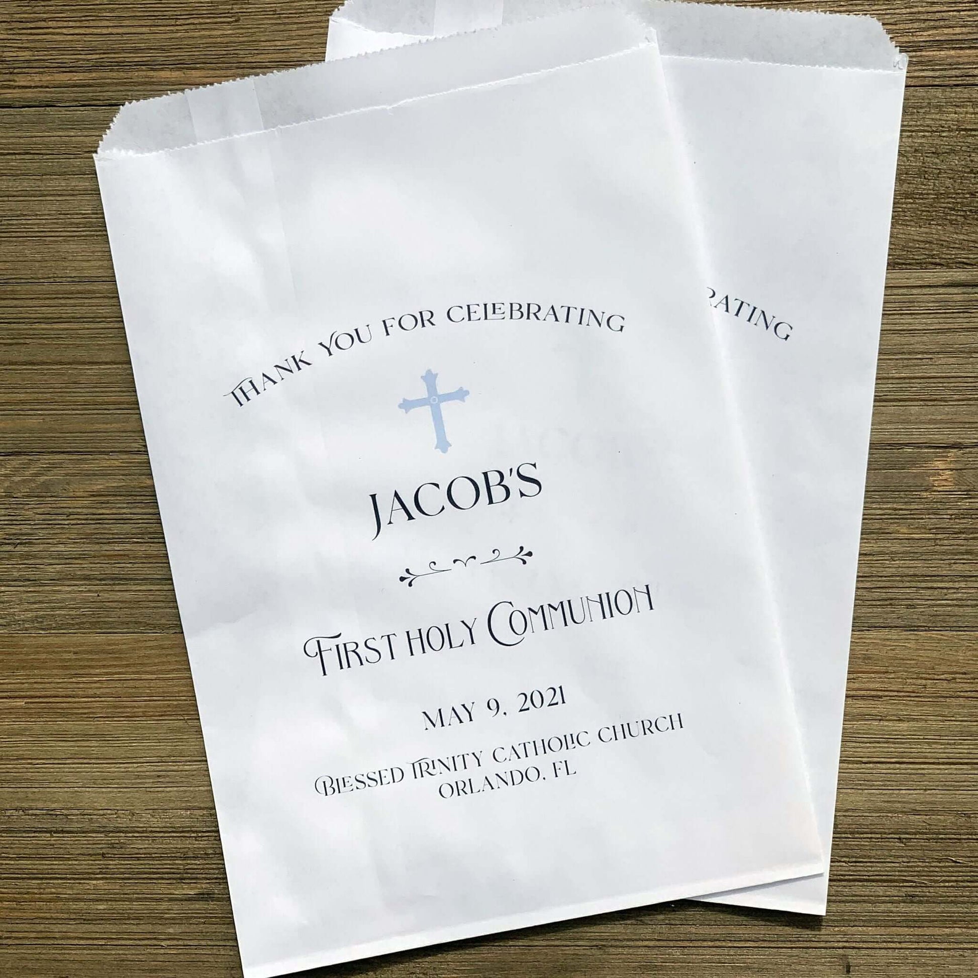 Boys First Communion Favor Bags personalized for the guest of honor.  