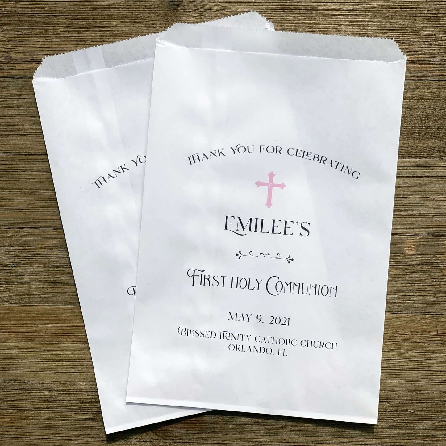 Girls First Communion Favor Bags personalized with childs name, date and church.  