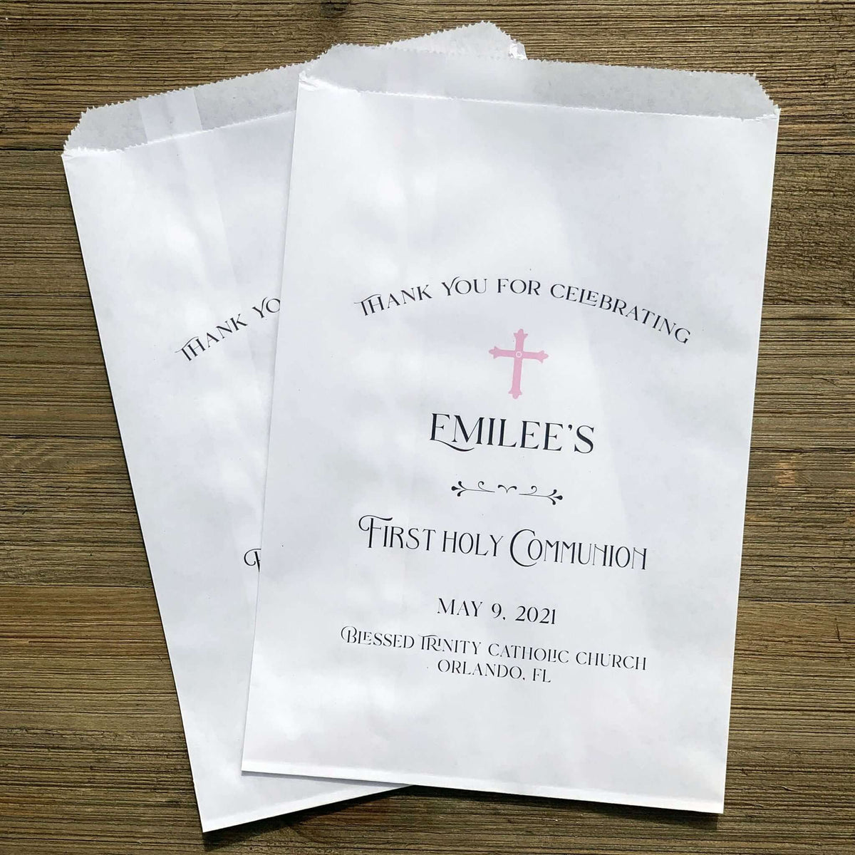 Girls First Communion Favor Bags personalized with childs name, date and church.  