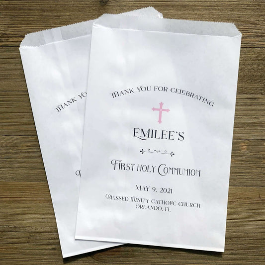 Girls First Communion Favor Bags personalized with childs name, date and church.  