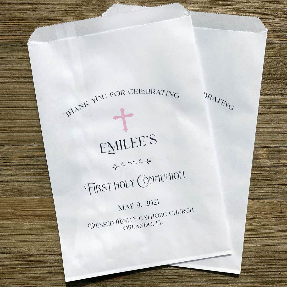 Girls First Communion Favor Bags personalized with childs name, date and church.  