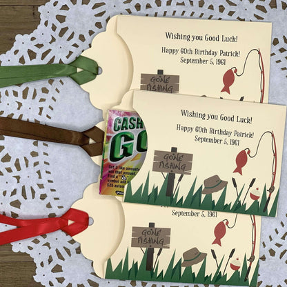 Fishing Theme Birthday Party Favors, slide a lottery ticket in these adorable envelopes for a fun guest favor.  Made from ivory card stock, ribbon included which comes attached.  Adorned with fishing art, these are perfect favors for the fisherman party.