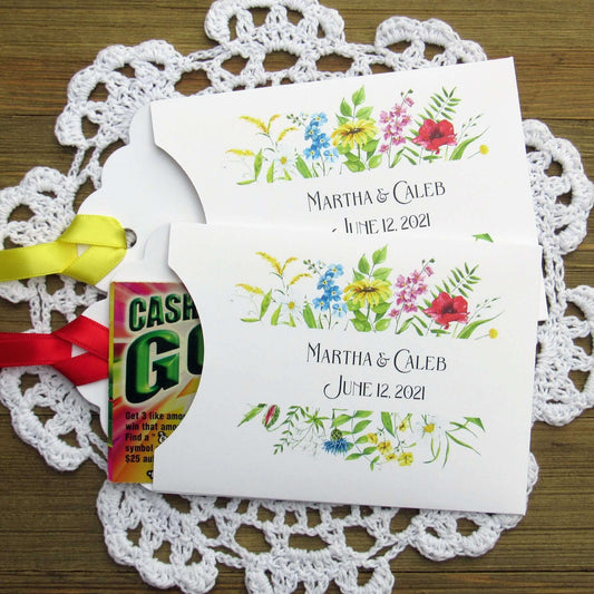 Personalized Floral Wedding Guest Favors Printed on white cardstock these small envelopes are the perfect size for a scratch off lotto.  Your choice of ribbon color.